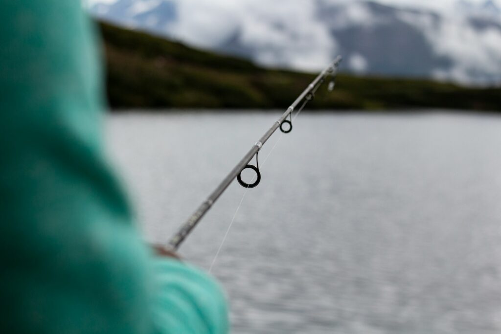 a person holding a fishing rod near a body of water